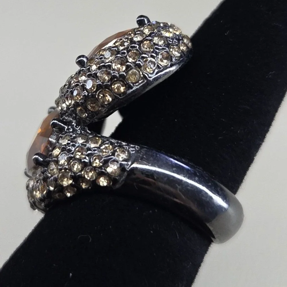 Amber Pear Crystal Bypass Cocktail Ring‎ Gunmetal Tone Pave Rhinestone Size 7.5